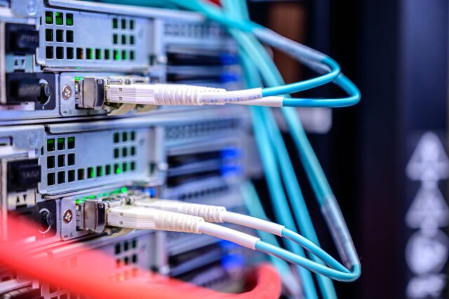Fiber optic cables in a server rack
