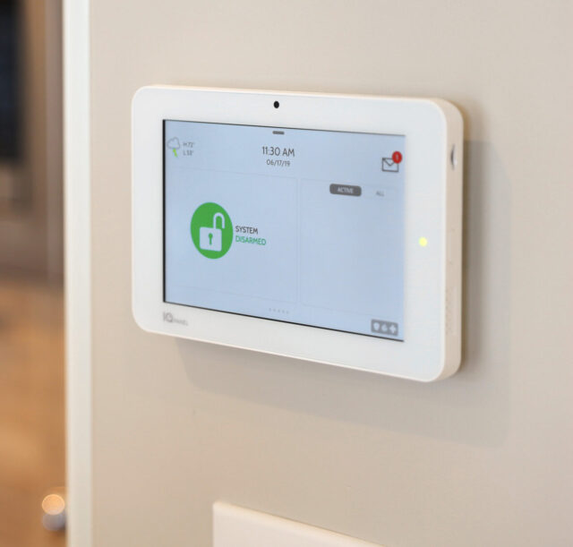 Alarm system touchscreen keypad mounted on the wall